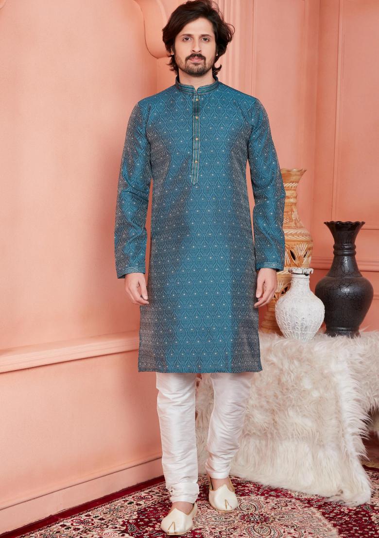 Blue Pintux Work Jacquard Kurta Set For Men