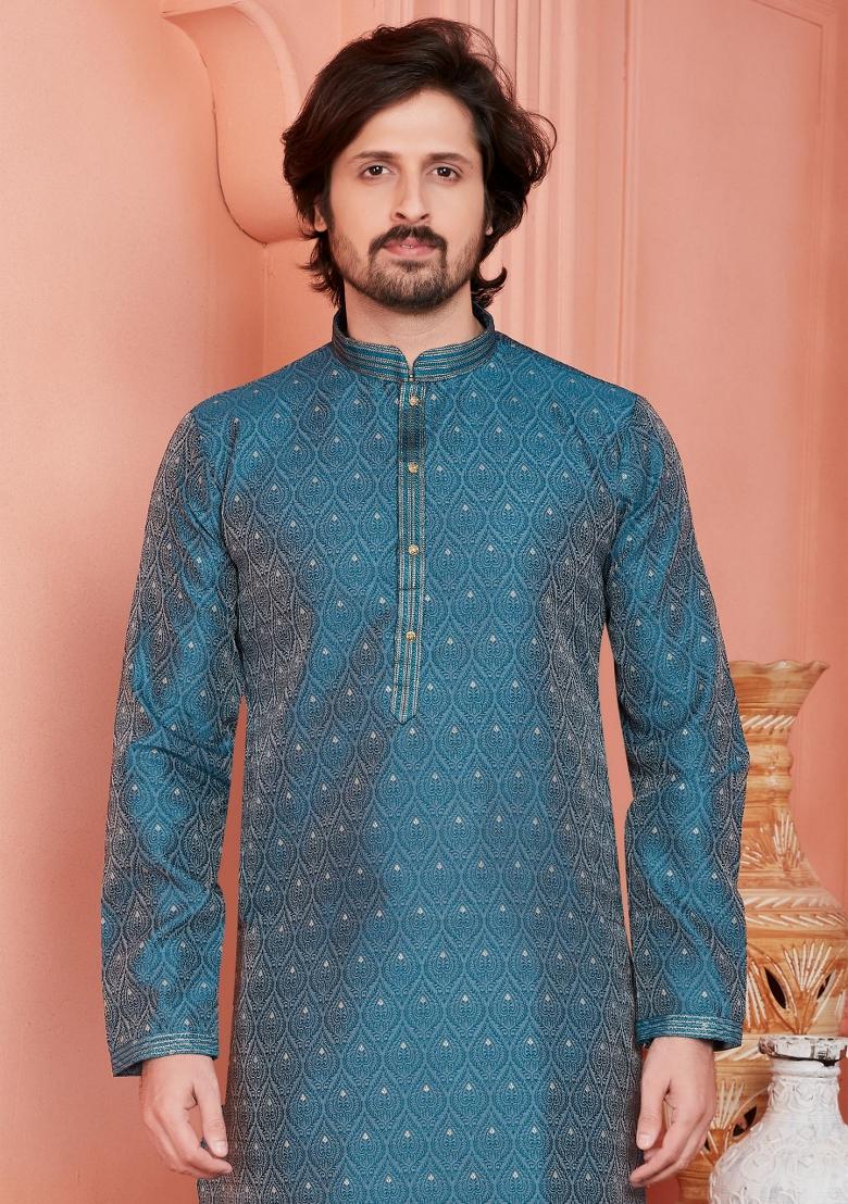 Blue Pintux Work Jacquard Kurta Set For Men
