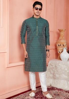 Green Pintux Work Jacquard Kurta Set For Men