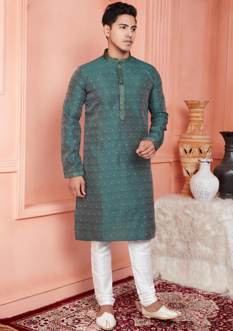Green Pintux Work Jacquard Kurta Set For Men