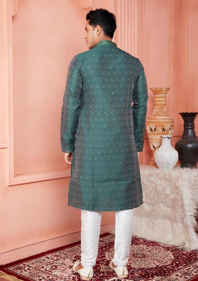 Green Pintux Work Jacquard Kurta Set For Men