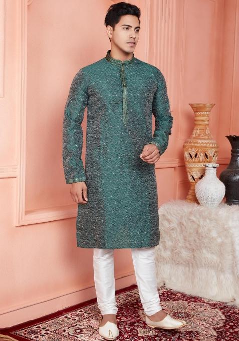 Green Pintux Work Jacquard Kurta Set For Men