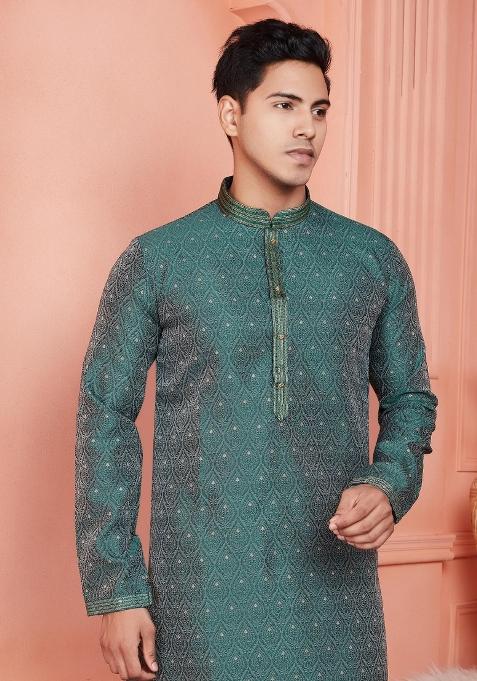 Green Pintux Work Jacquard Kurta Set For Men