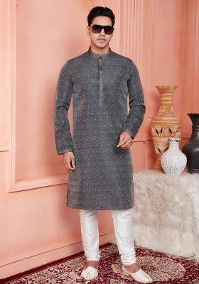 Dark Greyish Blue Pintux Work Jacquard Kurta Set For Men