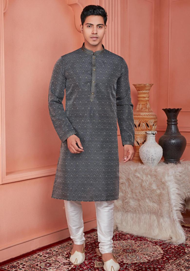 Dark Greyish Blue Pintux Work Jacquard Kurta Set For Men