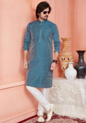 Dark Moderate Blue Pintux Work Jacquard Kurta Set For Men