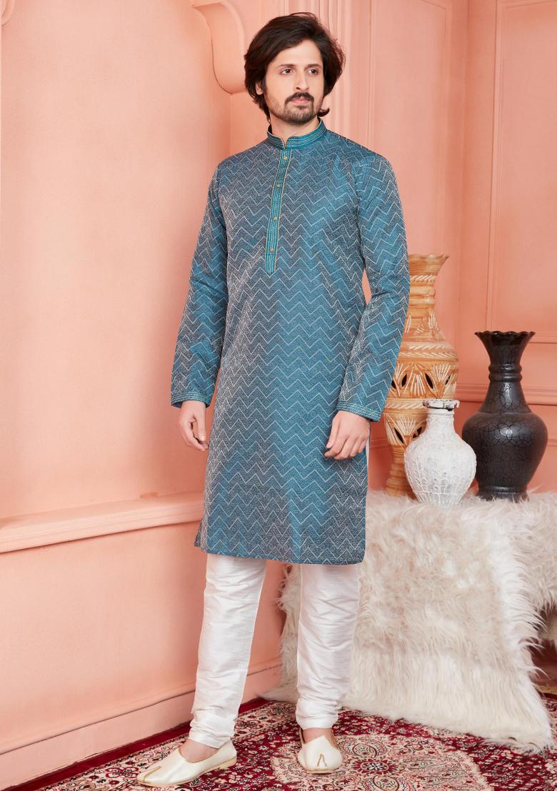 Dark Moderate Blue Pintux Work Jacquard Kurta Set For Men