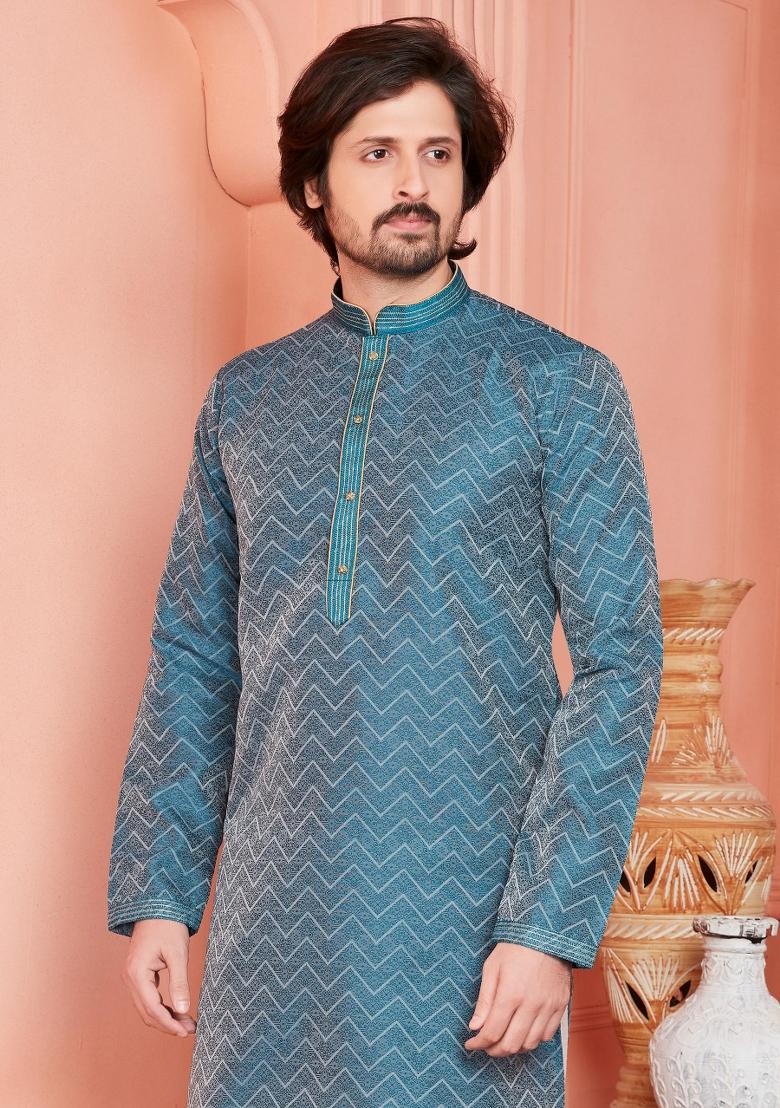 Dark Moderate Blue Pintux Work Jacquard Kurta Set For Men