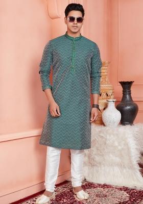 Dark Cyan Blue Pintux Work Jacquard Kurta Set For Men
