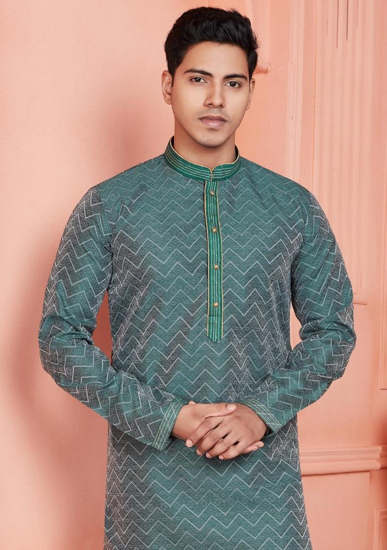 Dark Cyan Blue Pintux Work Jacquard Kurta Set For Men