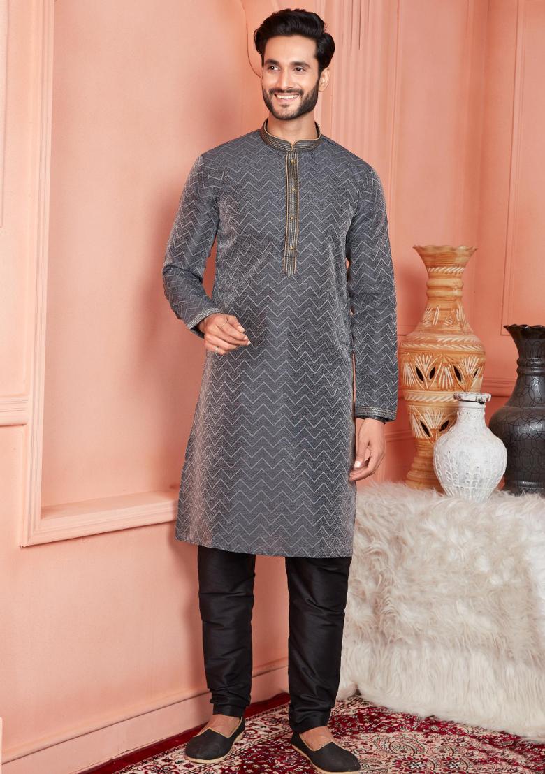 Black Pintux Work Jacquard Kurta Set For Men