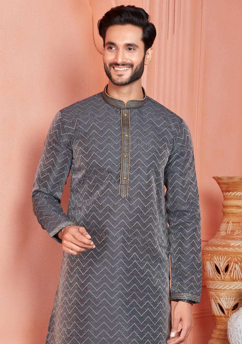 Black Pintux Work Jacquard Kurta Set For Men