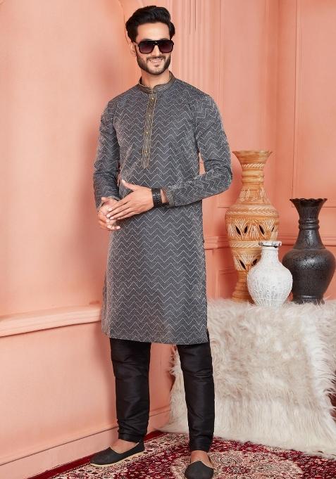 Black Pintux Work Jacquard Kurta Set For Men