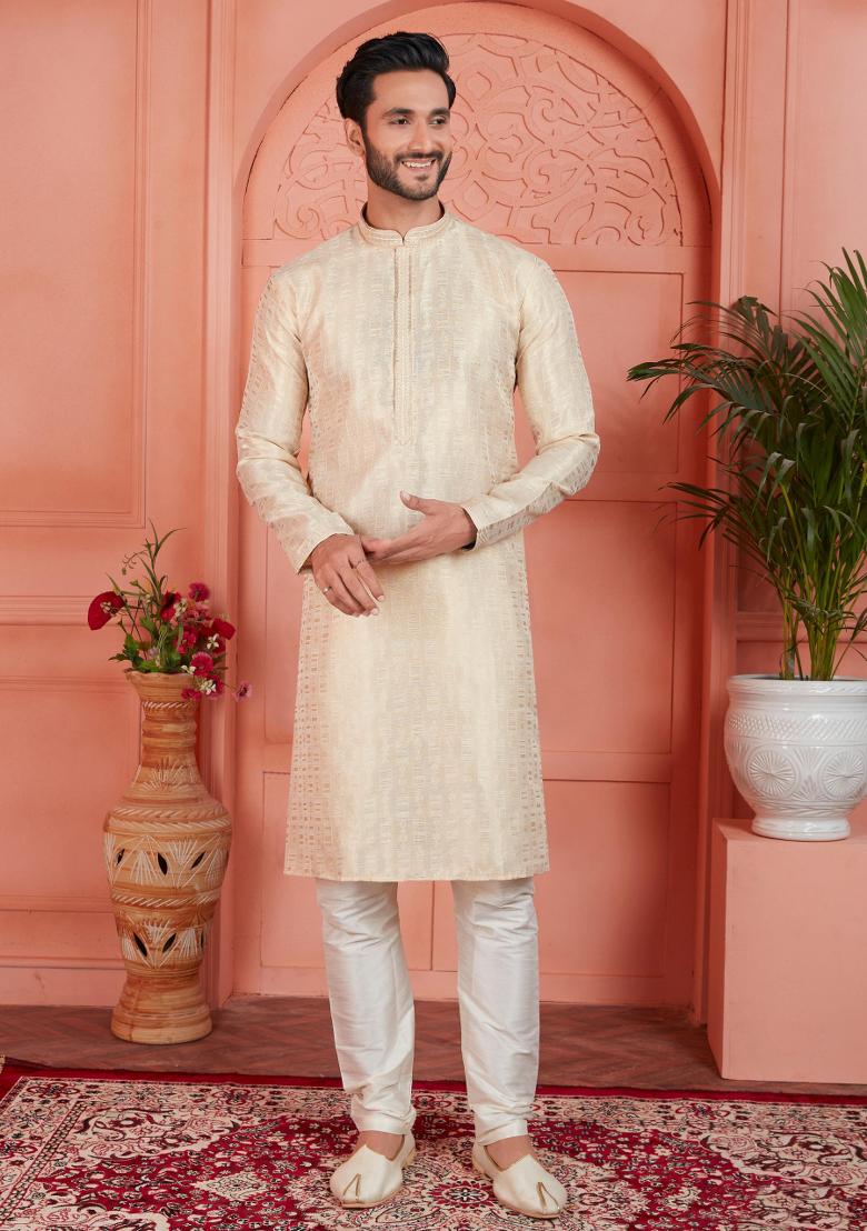 Cream Pintux Work Jacquard Kurta Set For Men