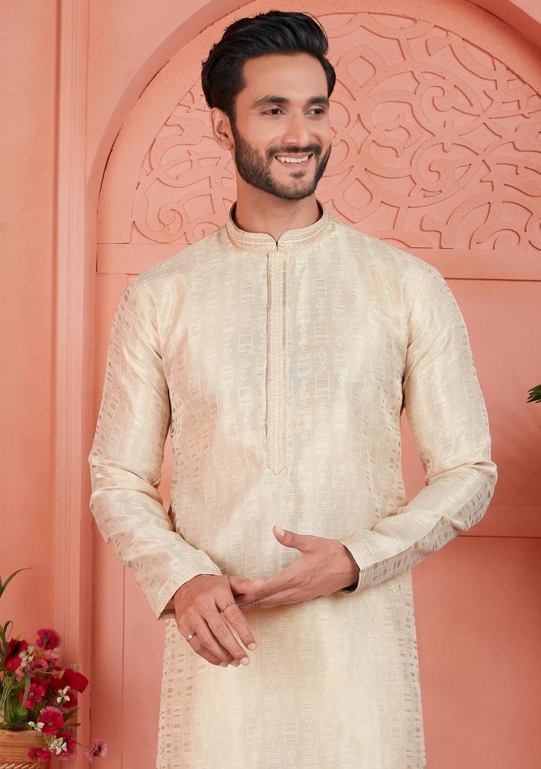 Cream Pintux Work Jacquard Kurta Set For Men