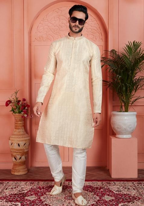 Cream Pintux Work Jacquard Kurta Set For Men — view on Indya