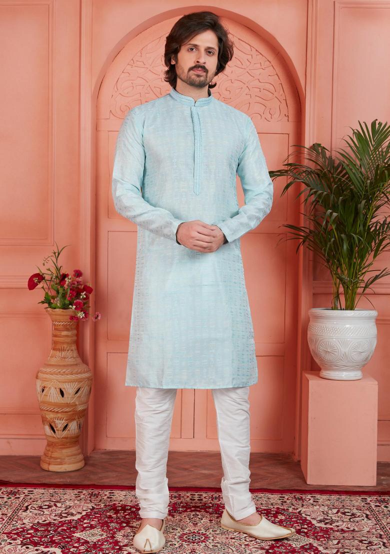 Sky Blue Pintux Work Jacquard Kurta Set For Men
