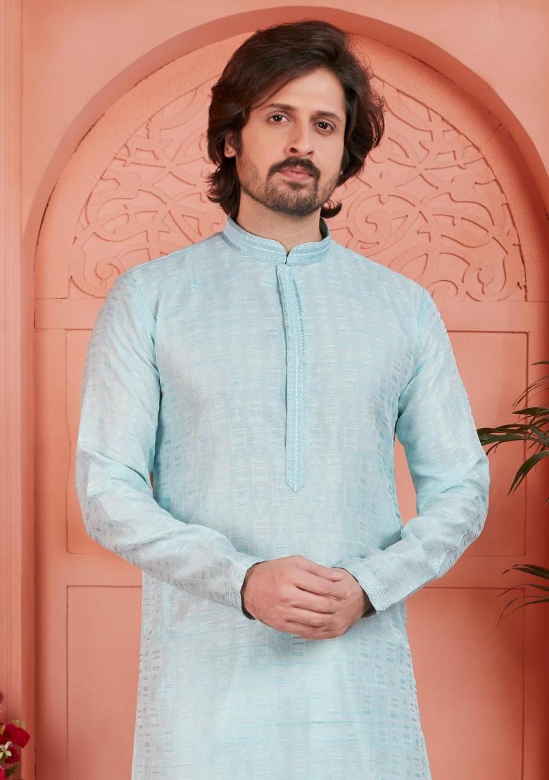 Sky Blue Pintux Work Jacquard Kurta Set For Men