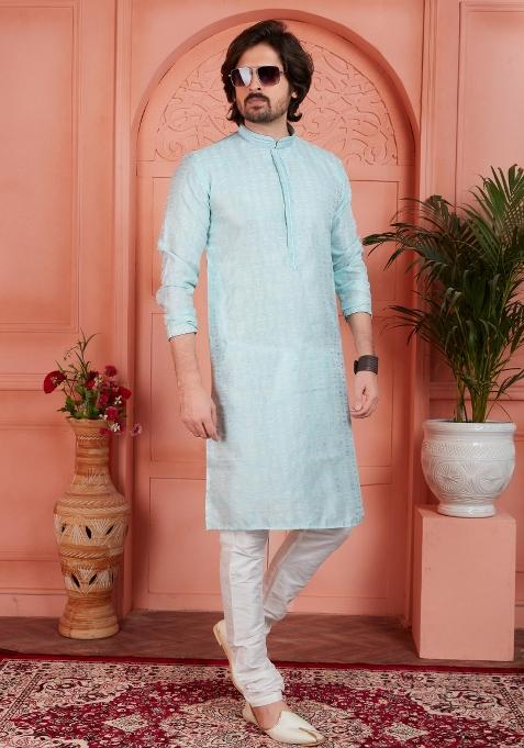 Sky Blue Pintux Work Jacquard Kurta Set For Men — view on Indya