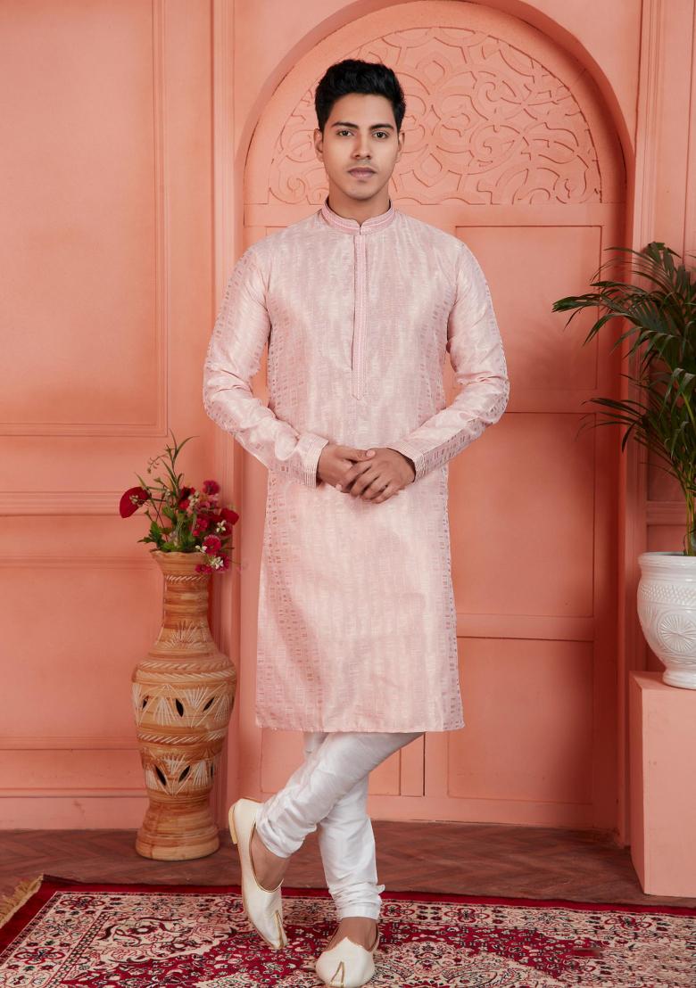 Peach Pintux Work Jacquard Kurta Set For Men