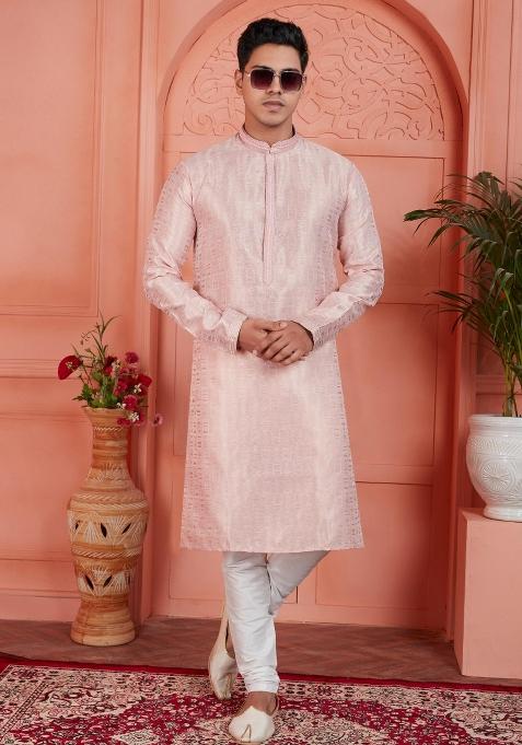 Peach Pintux Work Jacquard Kurta Set For Men — view on Indya