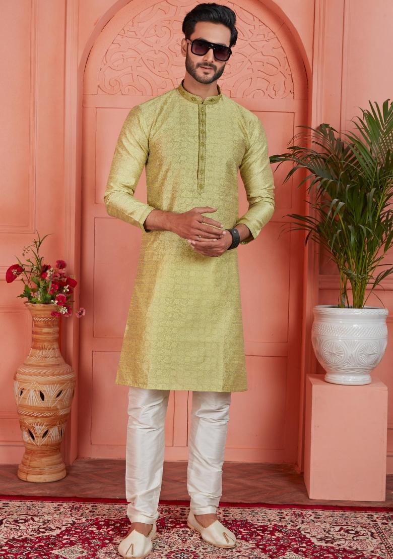 Yellow Pintux Work Jacquard Kurta Set For Men
