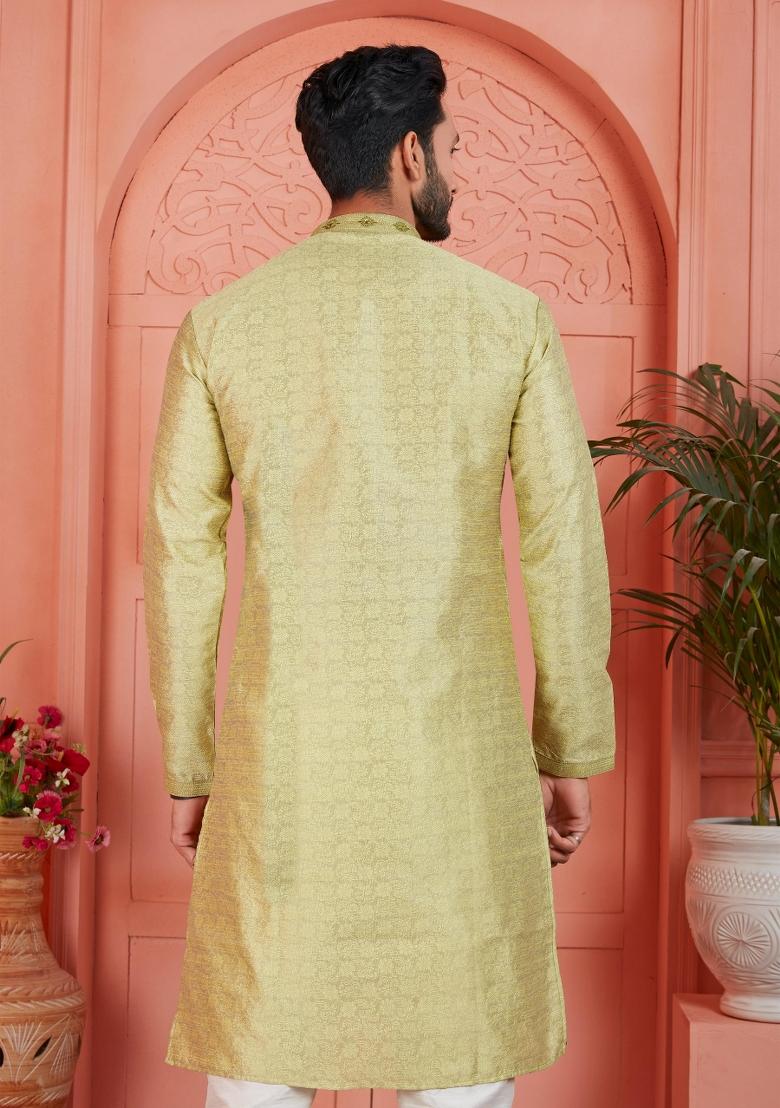 Yellow Pintux Work Jacquard Kurta Set For Men