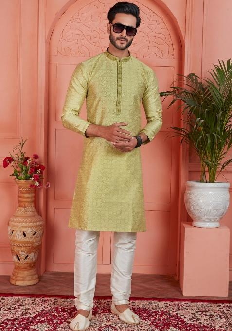 Yellow Pintux Work Jacquard Kurta Set For Men — view on Indya