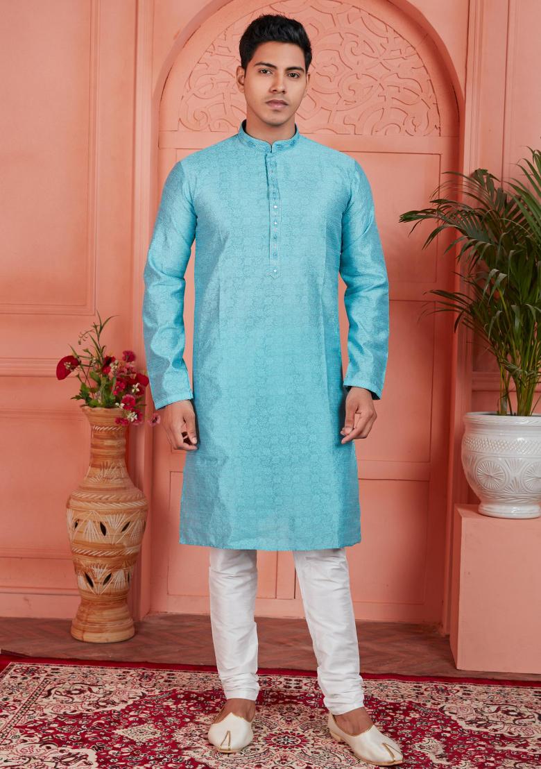 Blue Pintux Work Jacquard Kurta Set For Men