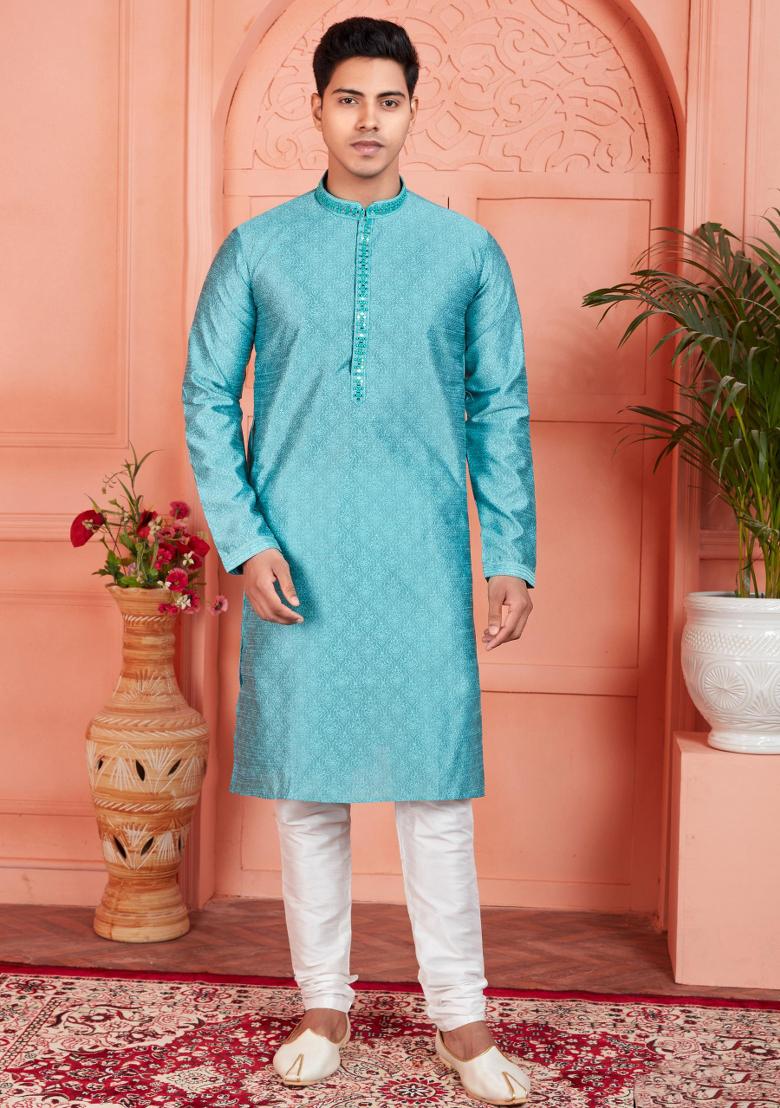 Blue Pintux Work Jacquard Kurta Set For Men
