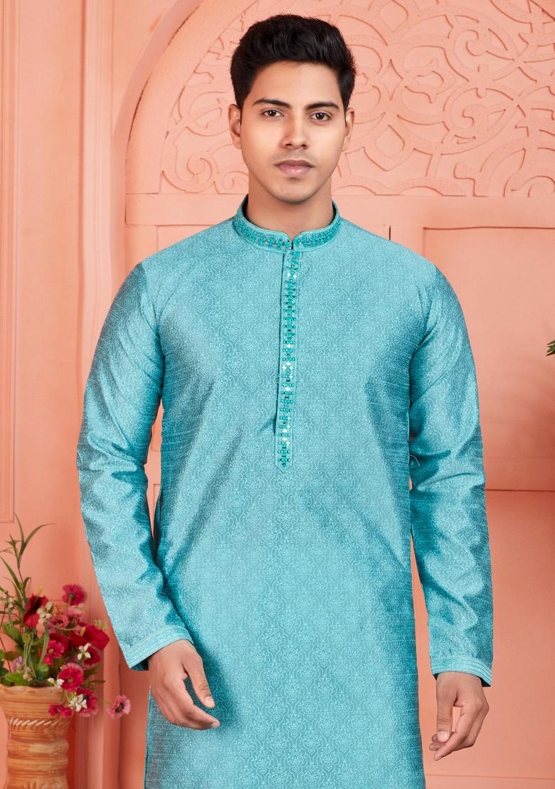 Blue Pintux Work Jacquard Kurta Set For Men