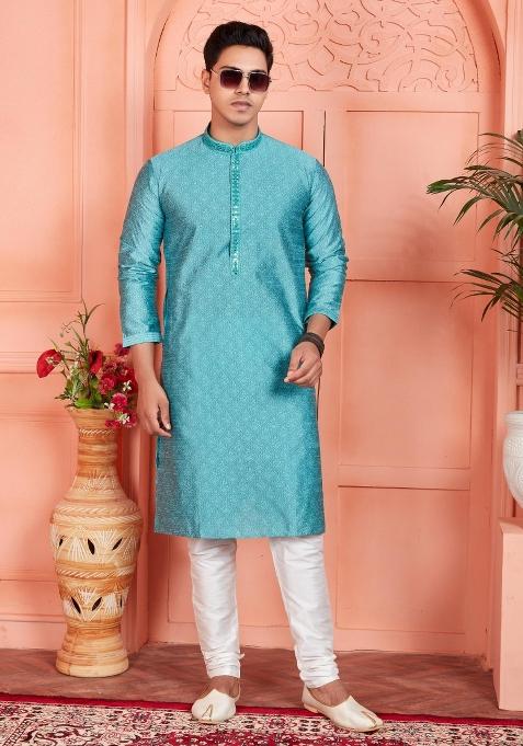 Blue Pintux Work Jacquard Kurta Set For Men — view on Indya