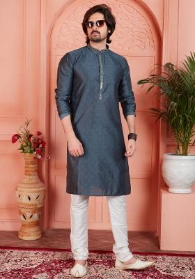 Dark Grey Pintux Work Jacquard Kurta Set For Men