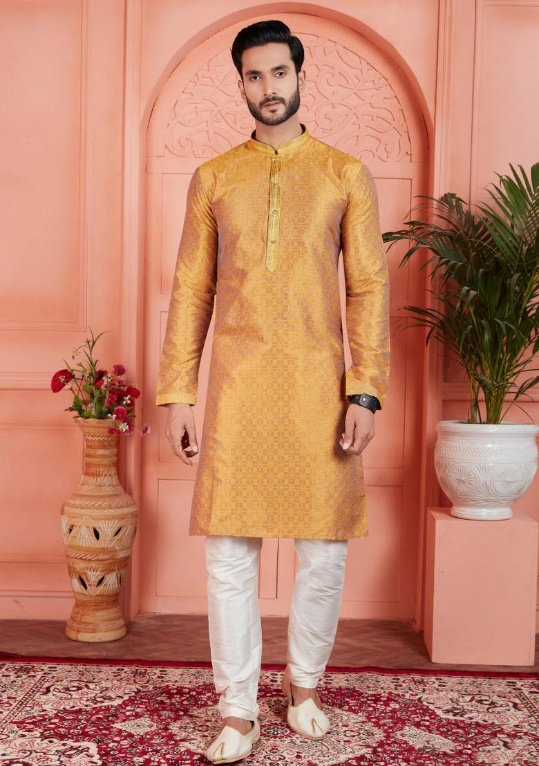 Orange Pintux Work Jacquard Kurta Set For Men