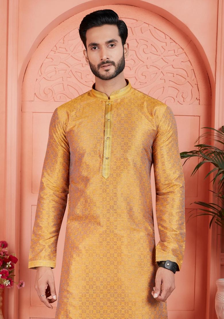 Orange Pintux Work Jacquard Kurta Set For Men
