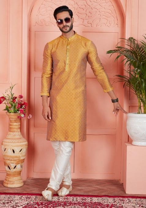 Orange Pintux Work Jacquard Kurta Set For Men — view on Indya