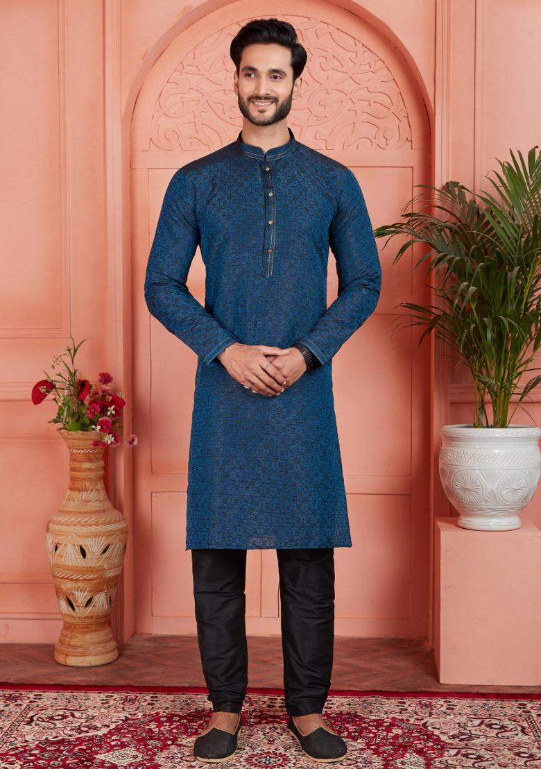 Dark Blue Pintux Work Jacquard Kurta Set For Men