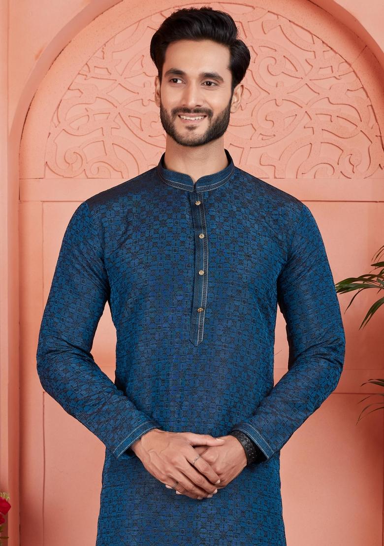 Dark Blue Pintux Work Jacquard Kurta Set For Men
