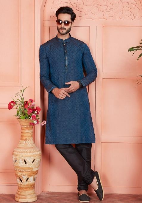 Dark Blue Pintux Work Jacquard Kurta Set For Men