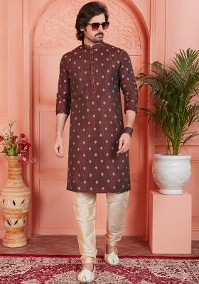 Dark Moderate Red Pintux Work Jacquard Kurta Set For Men