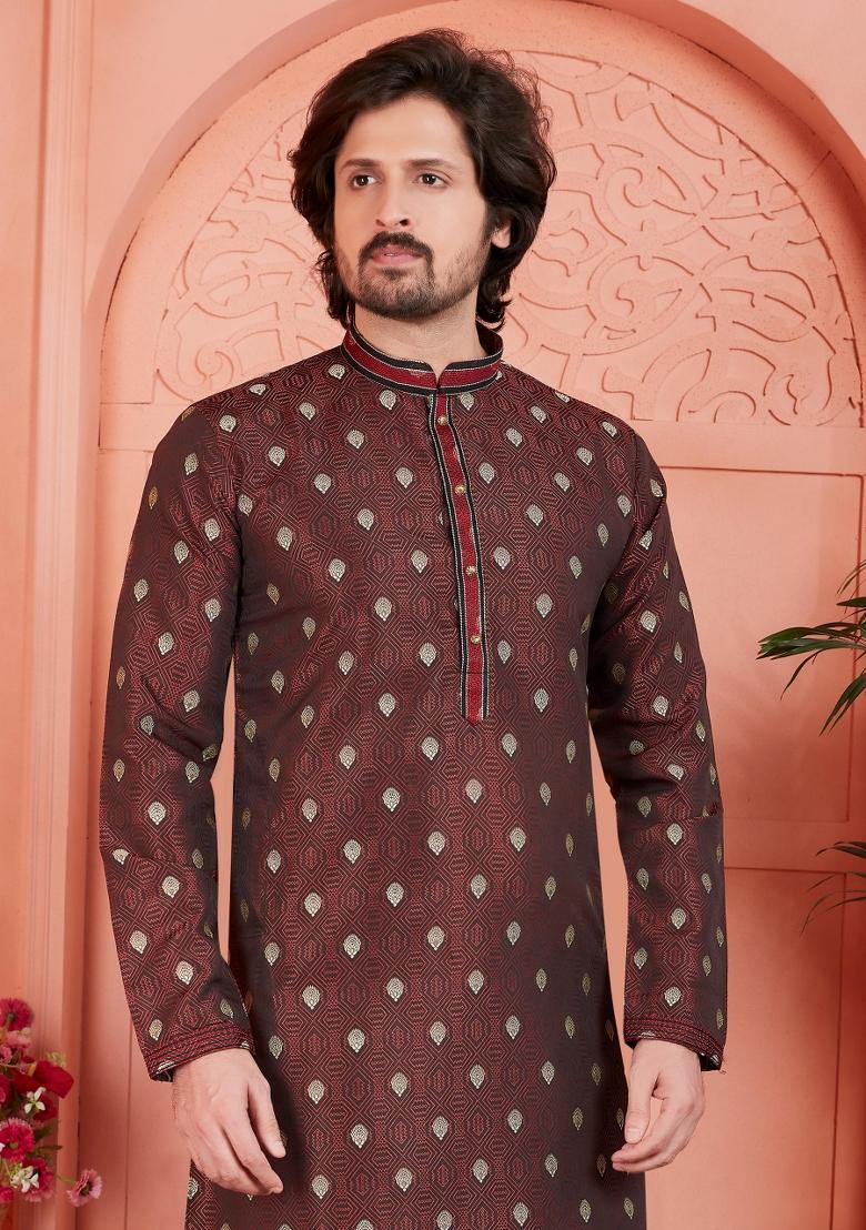 Dark Moderate Red Pintux Work Jacquard Kurta Set For Men