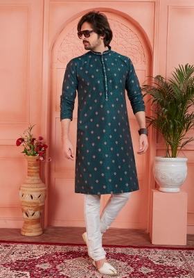 Dark Cyan Blue Pintux Work Jacquard Kurta Set For Men