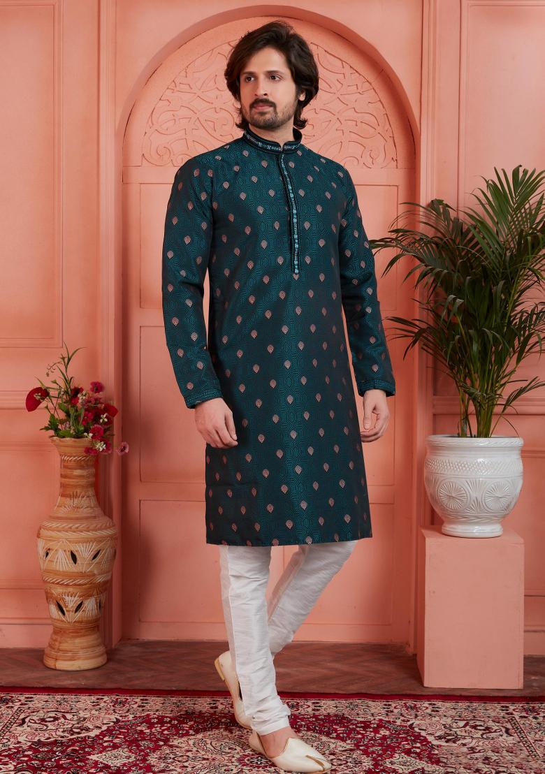 Dark Cyan Blue Pintux Work Jacquard Kurta Set For Men