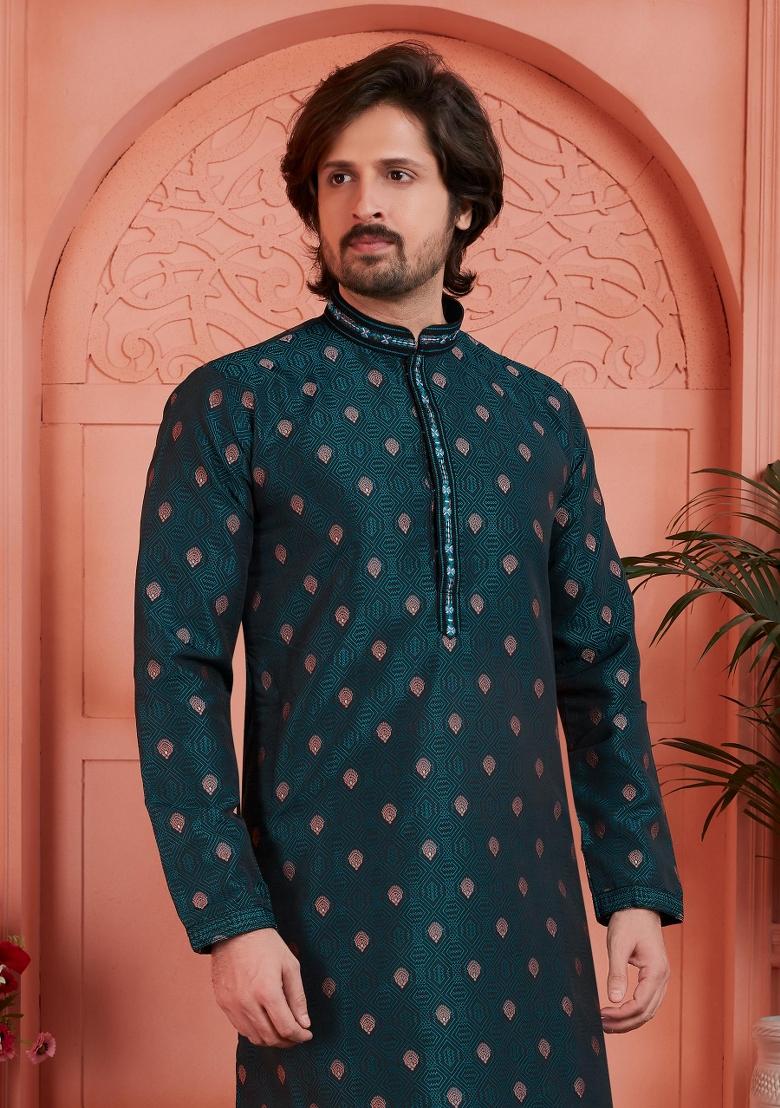 Dark Cyan Blue Pintux Work Jacquard Kurta Set For Men