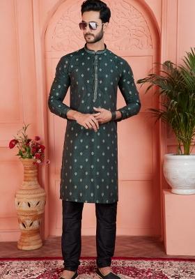 Dark Cyan Blue Pintux Work Jacquard Kurta Set For Men