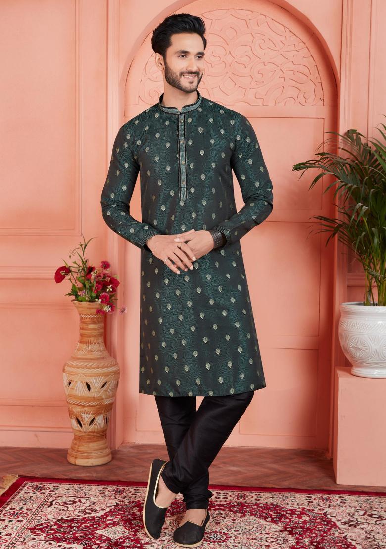 Dark Cyan Blue Pintux Work Jacquard Kurta Set For Men