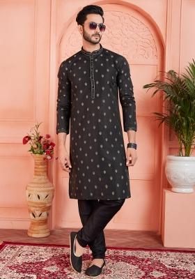 Black Pintux Work Jacquard Kurta Set For Men
