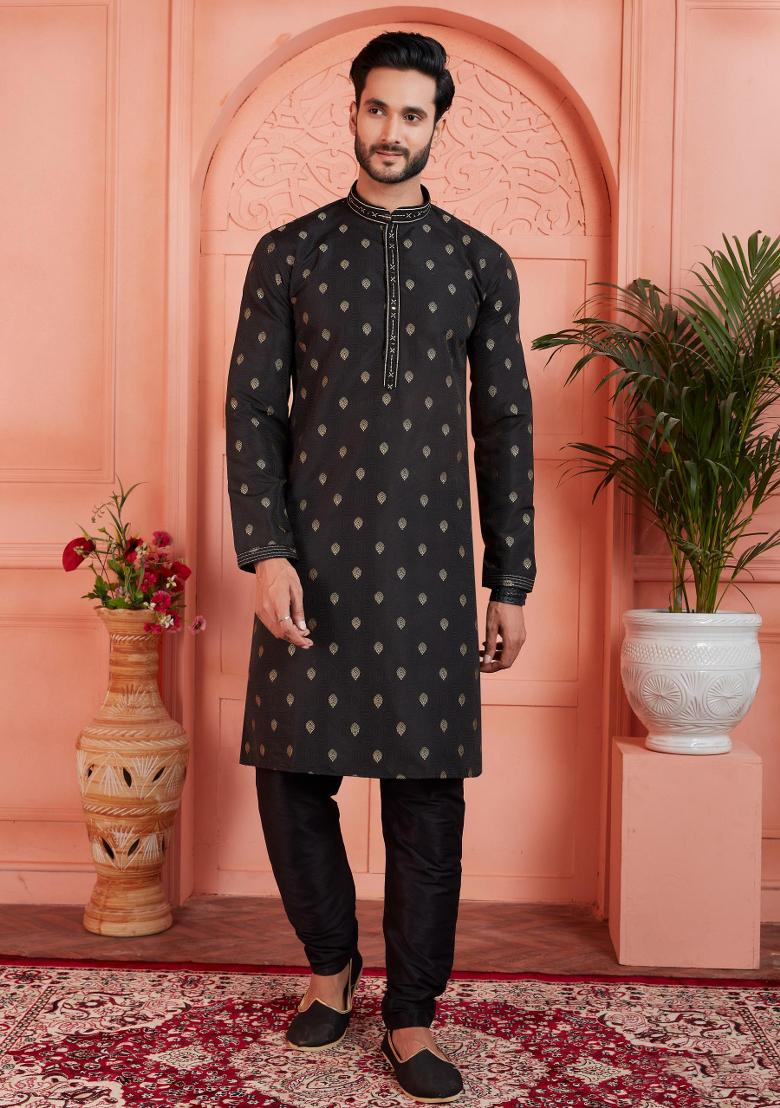 Black Pintux Work Jacquard Kurta Set For Men