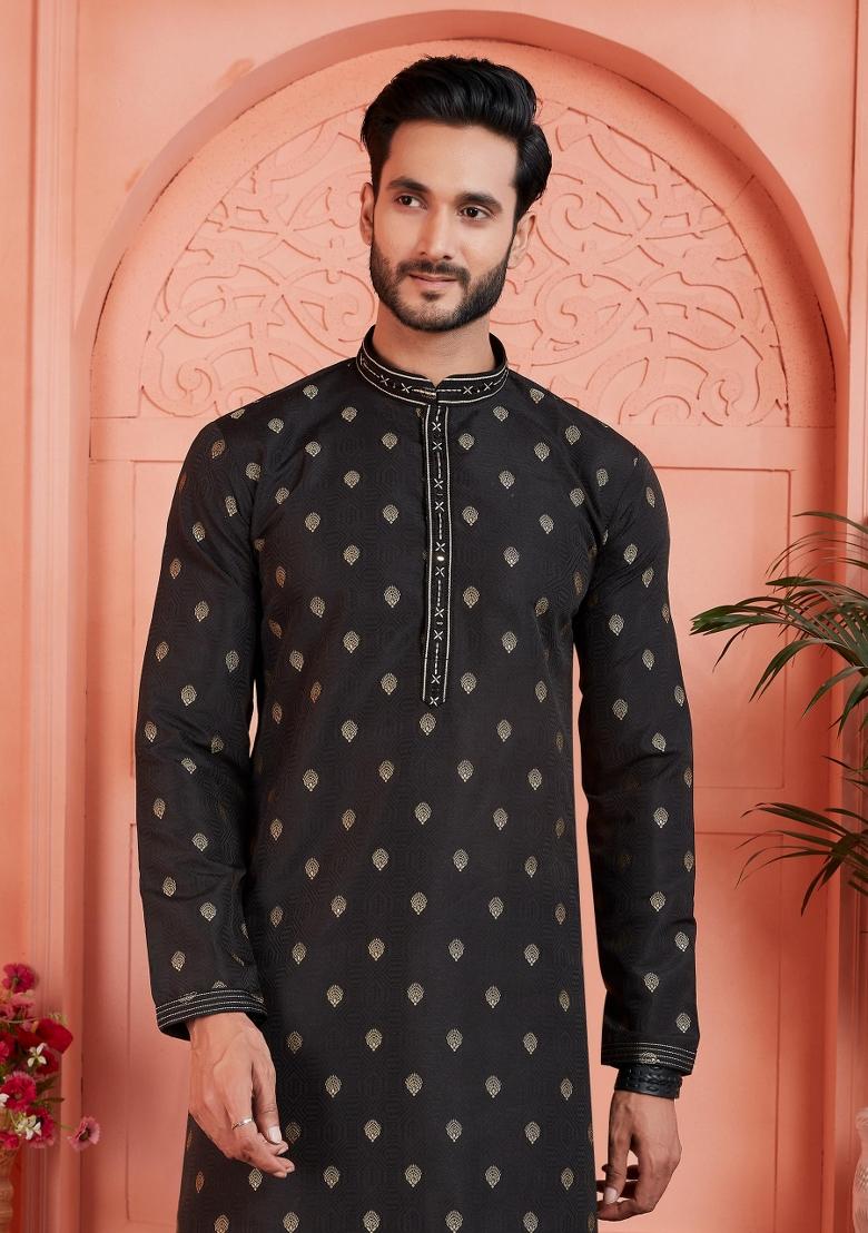Black Pintux Work Jacquard Kurta Set For Men