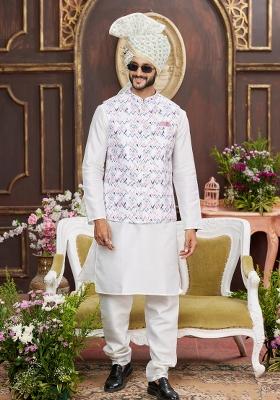 Multicolor Embroidered Art Silk Nehru Jacket Set For Men